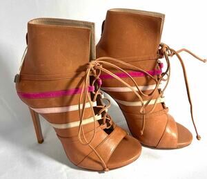 Ruthie Davis Size 6/6.5 Tan/Pink Lace-Up Stripe AS IS Designer Shooties